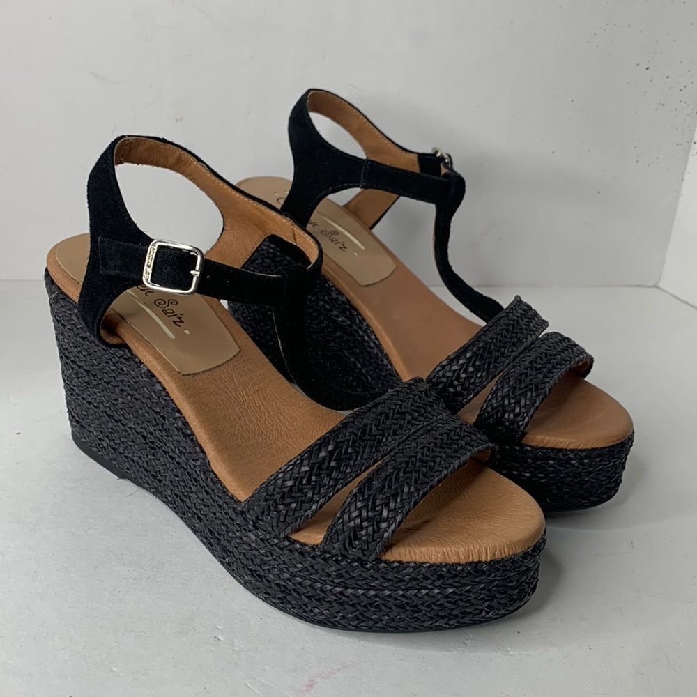Carmen Saiz black suede T-strap woven jute espadrille platform wedges